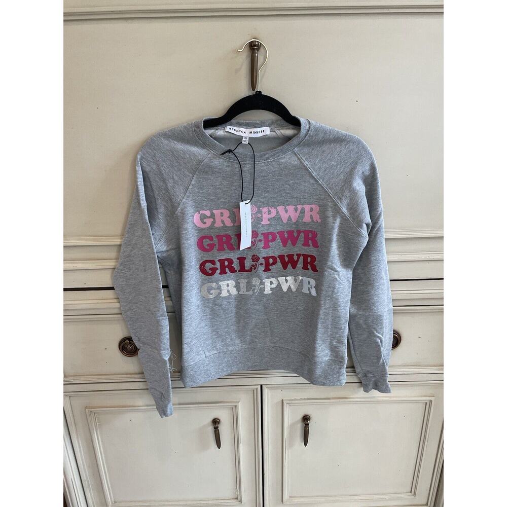NWT $88 Rebecca Minkoff Girl Power Girl Pwr Gray Pink Crew Neck‎ Sweater XS